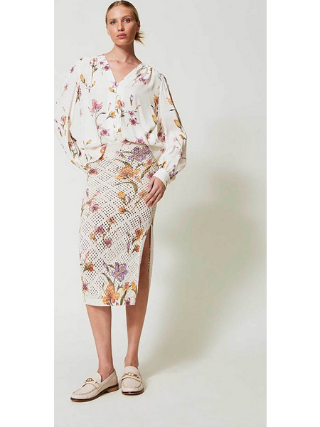TWINSET Μίντι Φούστα Πλεκτή Ψηλόμεση Floral Εκρού 251TP3631