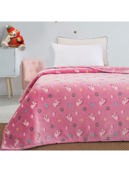 Beauty Home Art 6093 Παιδική Κουβέρτα Βελουτέ Μονόκεροι Φωσφοριζέ 160x220 Φούξια