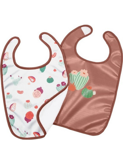 Baby To Love Cactus Garden Σετ Αδιάβροχες Σαλιάρες από 100% Βαμβάκι με Αυτοκόλλητο 6m+ Καφέ Λευκή 2τμχ