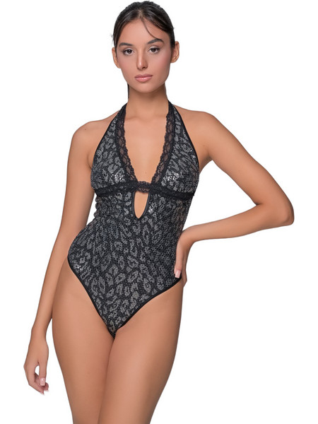 Milena By Paris Sexy Κορμάκι String με Δαντέλα Μαύρο Ασημί 2500