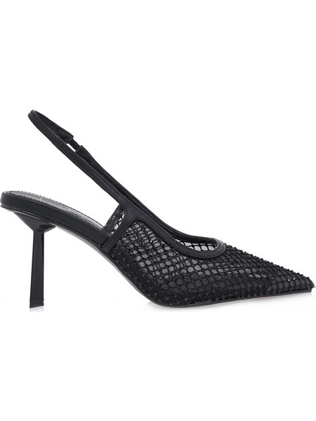 Lara Conte Γόβες Slingback Δερμάτινες με Λεπτό Ψηλό Τακούνι & Στρας Μαύρες U47007335-9E0
