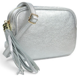 Passaggio Leather Γυναικείο Τσαντάκι Χιαστί Δερμάτινο Ασημί με Στενό Λουρί 5655-KR-107