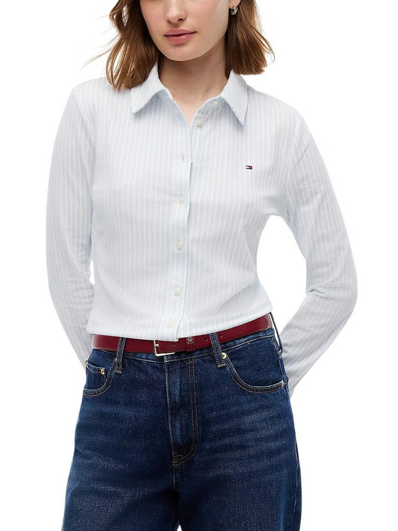 Tommy Hilfiger Μακρυμάνικο Γυναικείο Πουκάμισο Βαμβακερό Ριγέ Λευκό Γαλάζιο WW0WW43528-0FA