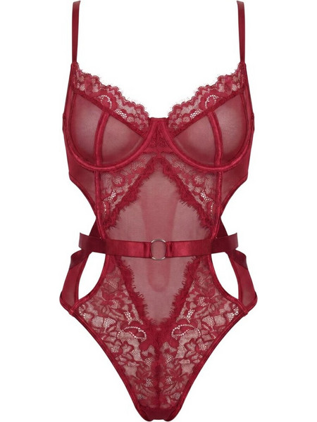 SpaLeXLine Sexy Κορμάκι Slip See Through με Δαντέλα Μπορντό SX1013