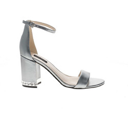 Nine West ABIGAIL Γυναικεία Πέδιλα Δερμάτινα Ασημί με Χοντρό Ψηλό Τακούνι