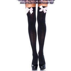 LEG AVENUE BLACK NYLON THIGH HIGHS WITH PINK BOW ONE SIZE