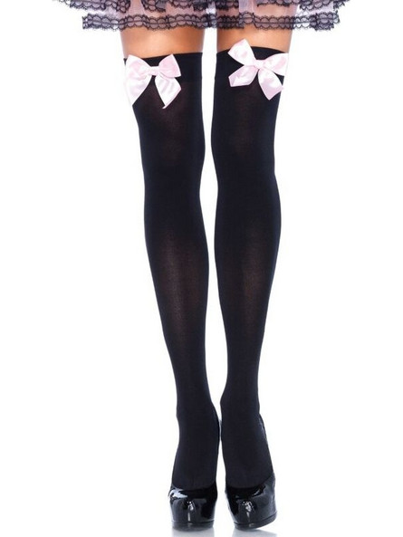 LEG AVENUE BLACK NYLON THIGH HIGHS WITH PINK BOW ONE SIZE