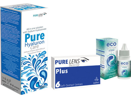 PURE LENS PLUS 6 ΦΑΚΟΙ (3 ZEΥΓΗ) +Pure Hyaluron Care 380ml+ ECOSYSTEM EYE DROPS 15 ML