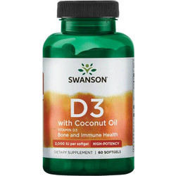 Swanson Vitamin D3 with Coconut Oil 2000iu 60 Μαλακές Κάψουλες