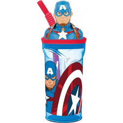 Stor 3D Avengers Comic Heroes Captain America Παιδικό Ποτήρι Πλαστικό BPA Free με Καλαμάκι Μπλε 360ml