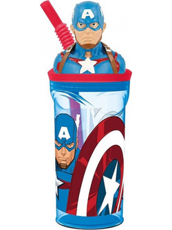 Stor 3D Avengers Comic Heroes Captain America Παιδικό Ποτήρι Πλαστικό BPA Free με Καλαμάκι Μπλε 360ml