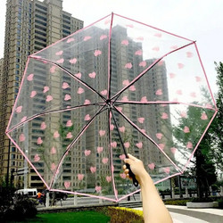 Ομπρέλα Bροχής διαφανής σπαστή από Πολυεστέρα, Διάμετρος 100cm με 8 μπανέλες - Ροζ καρδιά