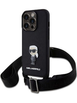 Karl Lagerfeld Saffiano Crossbody Metal Ikonik Back Cover Black (iPhone 15 Pro Max)