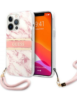 Guess Marble Collection Printed Stripe Back Cover με Kορδονάκι Χειρός Σιλικόνης για iPhone 13 Pro Ροζ/ Λευκό