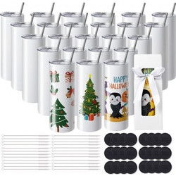 VEVOR 24 Πακέτο Ίσια Ποτήρια Υπολιθογράφησης, 591,5 ml Κενά Ποτήρια Χονδρικής, Ανοξείδωτα Διπλού Τοιχώματος Ποτήρια με Καλαμάκι, Καπάκι, Βούρτσα, Βάση, Συσκευασία Συστολής, Κουτί Δώρου, για Θερμομεταφ