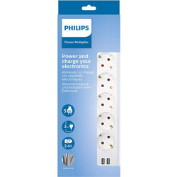 Philips Πολύπριζο 5 Θέσεων με 2 USB-A, Διακόπτη και Καλώδιο 2m