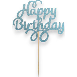 Cake Topper Χάρτινο glitter Γαλάζιο Happy Birthday v1