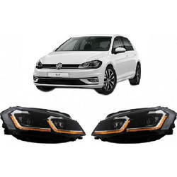 Μπροστινά Φανάρια Set Για Vw Golf 7.5 17-19 Facelift DRL & Dynamic Signal Μαύρα Με Χρώμιο Γραμμή H7 Με Μοτέρ Carner 0020620