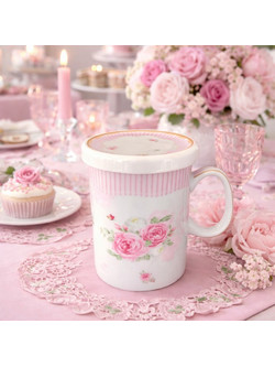Κούπα από Πορσελάνη 380ml με Καπάκι Pink Stripes Galifas 760605 - Galifas