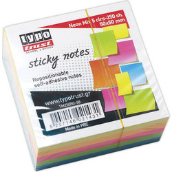 Αυτοκόλλητα χαρτάκια κύβος Typotrust 50x50 250φύλλα neon mix- mini cube TM25050-98