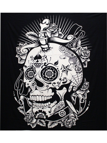 B&W Double Cotton Bedspread + Wall Hanging - Rose Skull