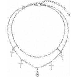 Ghetto Stainless Steel Double Layer Cross Anklet with Crystal Charm - Silver