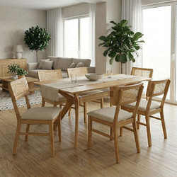 Τραπεζαρία Raffles σετ 7τεμ rubberwood με pe rattanσε φυσική απόχρωση 150x90x76εκ