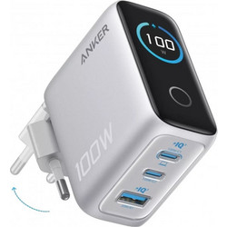 Anker Wall Charger Smart Display, 100W, 5A, 1 x USB-A - 2 x USB-C, With USB-C Cable, Silver - (B121BG41)