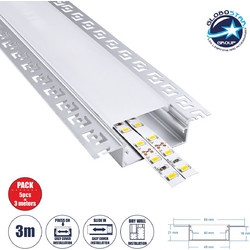GLOBOSTAR(R) ALP-PLASTERIN GYPSO 70862-3M Χωνευτό Προφίλ Αλουμινίου Ειδικό για Γυψοσανίδα με Λευκό Γαλακτερό Πατητό Κάλυμμα για Ταινίες LED IP20 - Ασημί & Λευκό - Μ300 x Π8.8 x Υ2cm - Πακέτο 5 Τεμαχίω