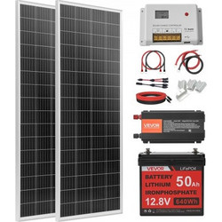 VVEVOR 200W 12V Complete Solar Power Kit, 2PCS 100W Monocrystalline Solar Panel + 12,8V 50Ah LiFePO4 Battery + 40A Charge Controller + 800W Power Inverter, Ιδανικό για RV Home Camping Boat Off-Gri