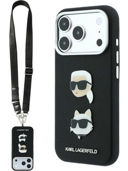 Karl Lagerfeld Saffiano K&C Heads Pins & Strap Logo Back Cover Black (iPhone 18 Pro / 17 Pro)
