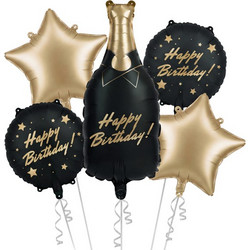 Σετ Μπαλόνια Foil Μπουκάλι Happy Birthday Μαύρο - Χρυσό - Συσκ. 5 τεμ