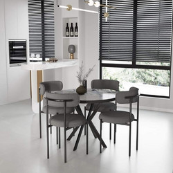 Stewehome Ένα στρογγυλό τραπέζι από MDF για τέσσερα άτομα και τέσσερις γκρι καρέκλες Teddy. 90x90 cm