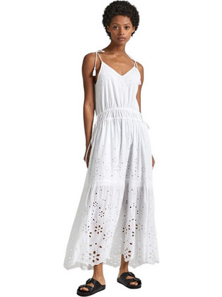 Pepe Jeans Dusana Midi Καλοκαιρινό Βραδινό Φόρεμα Λευκό PL953480-800