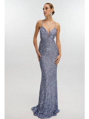 For Your Fashion Maxi Καλοκαιρινό Φόρεμα για Γάμο / Βάπτιση Αμπιγιέ με Παγιέτες Μπλε 59525