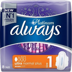 Always Platinum Ultra Normal Plus Μέγεθος 1 Σερβιέτες με Φτερά για Αυξημένη Ροή 4 Σταγόνες 8τμχ
