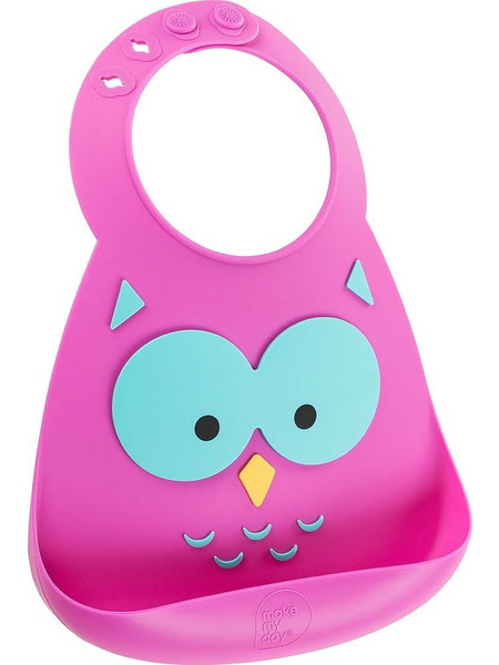 Make my day Owl Αδιάβροχη Σαλιάρα Σιλικόνης με Κουμπί & Τσέπη 6m+ Φούξια