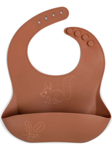 Filibabba Squirrel Αδιάβροχη Σαλιάρα Σιλικόνης με Κουμπί & Τσέπη Καφέ