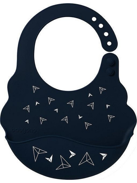 BabyOno Kite Αδιάβροχη Σαλιάρα Σιλικόνης με Κουμπί & Τσέπη 6m+ Navy Μπλε