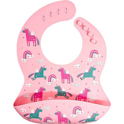 BabyCloud Unicorns Αδιάβροχη Σαλιάρα Σιλικόνης με Κουμπί & Τσέπη 4m+ Ροζ
