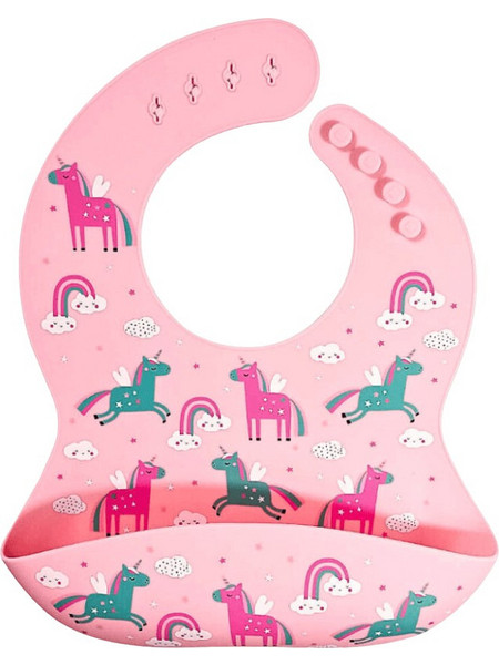 BabyCloud Unicorns Αδιάβροχη Σαλιάρα Σιλικόνης με Κουμπί & Τσέπη 4m+ Ροζ