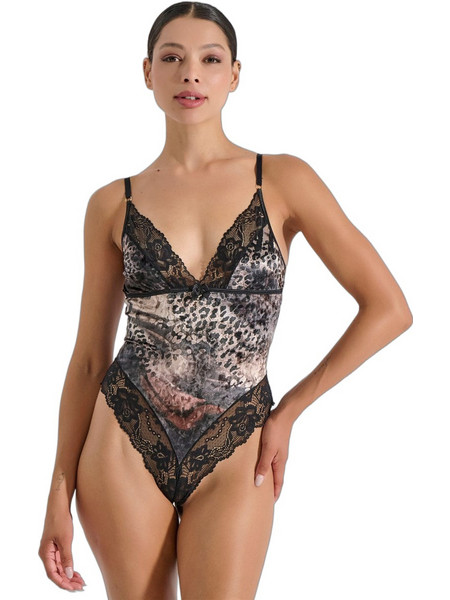 Milena By Paris Sexy Κορμάκι String See Through με Δαντέλα Μαύρο Καφέ 2525