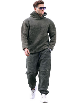 Madmext Ανδρικό Σετ Φόρμας Fleece με Λάστιχο Χακί MDXT.1072