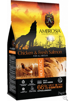 Ambrosia Holistic Hypoallergenic Grain Free Adult All Breed Chicken & Fresh Salmon 12kg