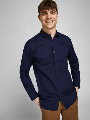 Jack & Jones Ανδρικό Πουκάμισο Βαμβακερό Μακρυμάνικο Slim Fit Navy Μπλε 12201905