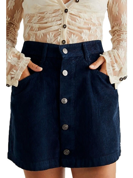Free People Μίνι Φούστα Κοτλέ Ψηλόμεση Pencil Navy Μπλε OB1543115-0010