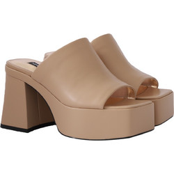 Nine West DANZI3 Γυναικεία Πέδιλα Δερμάτινα Μπεζ με Χοντρό Ψηλό Τακούνι και Φιάπα