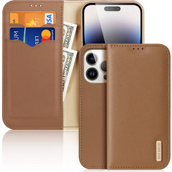 Θήκη iPhone 15 Pro DUX DUCIS Hivo Series με RFID Blocking, βάση στήριξης, υποδοχές καρτών με μαγνητικό κλείσιμο Flip Wallet από αυθεντικό δέρμα και TPU καφέ