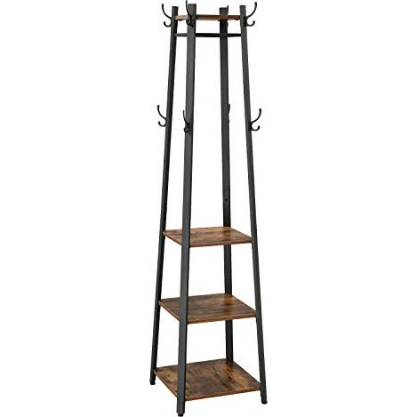 VASAGLE Coat Rack, Coat Stand with 3 Shelves, Ladder Shelf with Hooks for Scarves, Bags and Umbrellas, Steel Frame, Industrial Style, Rustic Brown and Black LCR80X