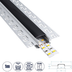 PLASTERBOARD-PROFILE 70820-1M Προφίλ Αλουμινίου - Βάση & Ψύκτρα Ταινίας LED με Μαύρο Φιμέ Κάλυμμα - Χωνευτή Χρήση σε Γυψοσανίδα - Trimless - Πατητό Κάλυμμα - Ασημί - 1 Μέτρο - Μ100 x Π6.7 x Υ1.4cm